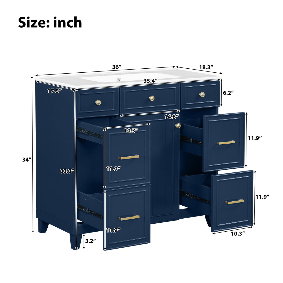 Bathroom Vanity With Ceramic Sink, Soft Close Doors, Adjustable Shelves