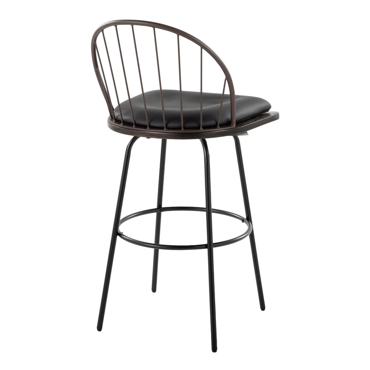 Riley - Claire Farmhouse Fixed-Height Swivel Barstool (Set of 2) - Black Metal, Bronze Metal, Dark Walnut Wood And Brown Faux Leather With Round Black Metal Footrest