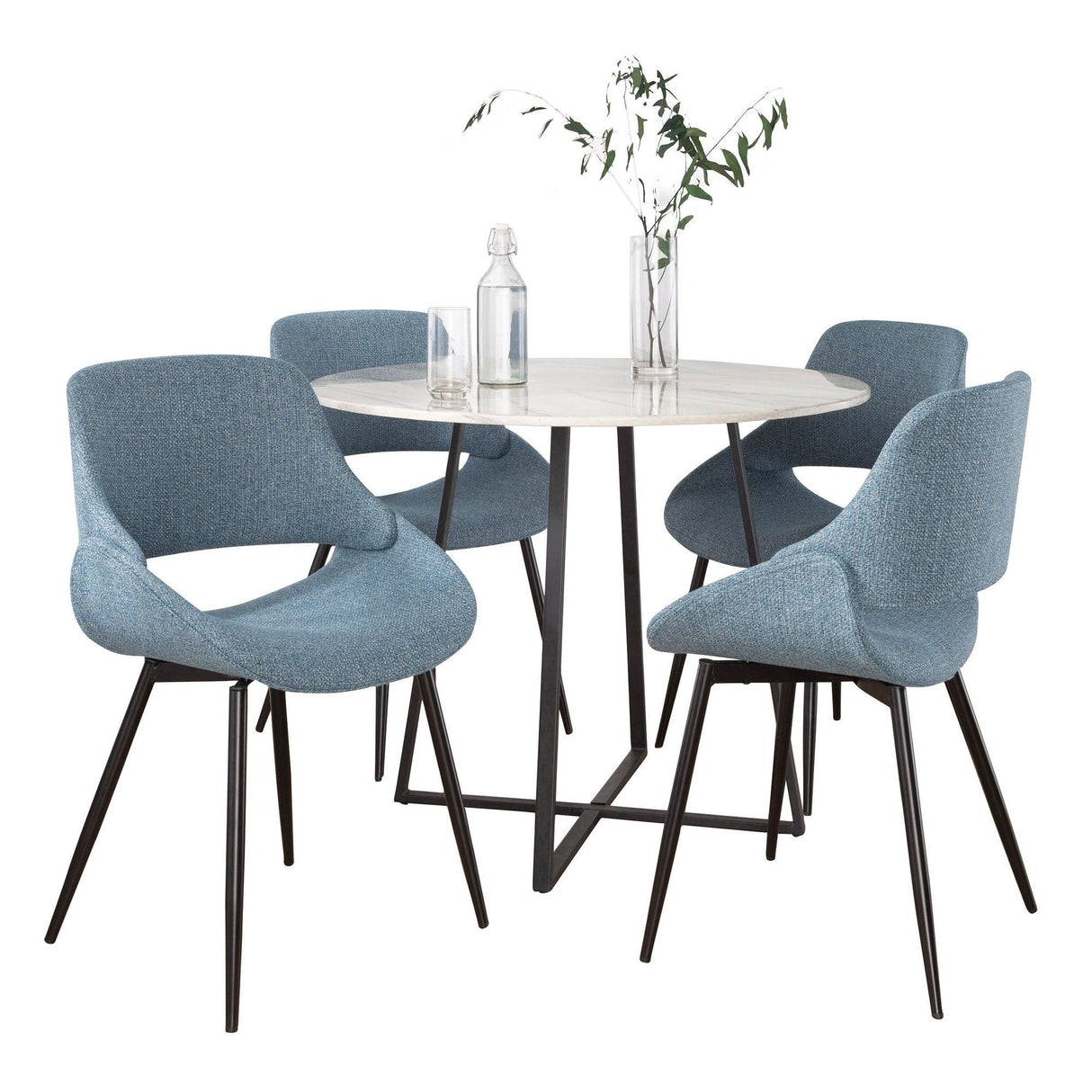 Cosmo - Fabrico Contemporary 5 Piece Dining Room Set - Black Metal, White Marble Tabletop And Blue Fabric