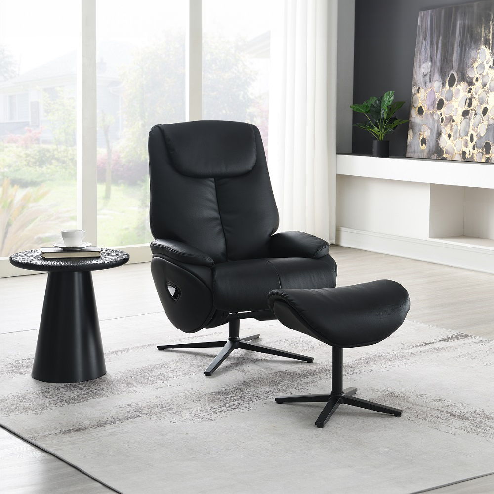 Labonita - Motion Accent Chair With Swivel & Ottoman - Black Top Grain Leather & Black
