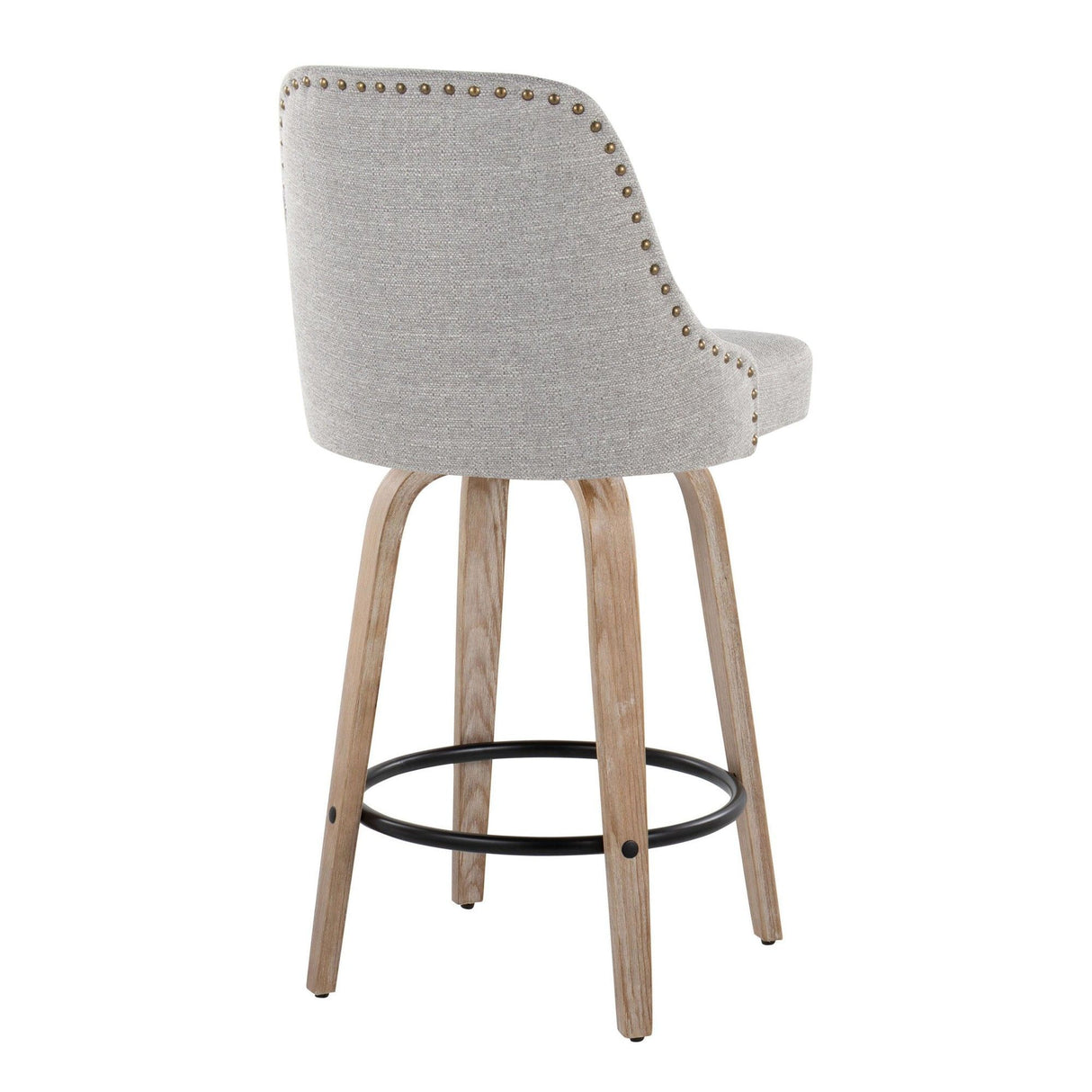 Studded - Marcel Fixed-Height Counter Stool (Set of 2) - Whitewashed Wood, Light Gray Fabric, Brass Metal, Black Metal