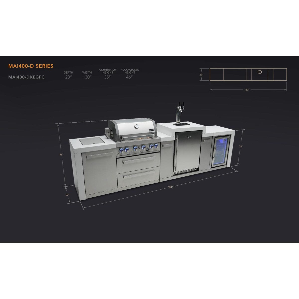 Mont Alpi Deluxe Series 11 Ft Propane Outdoor Kitchen Island w/ Side Burner, Kegerator & Fridge - MAi400-DKEGFC