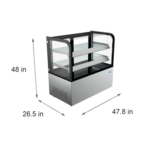 48 in. Refrigerated Bakery Display Case, Stainless Steel Frame, Curved Glass Front, 13 cu. ft. CDHF-14C.