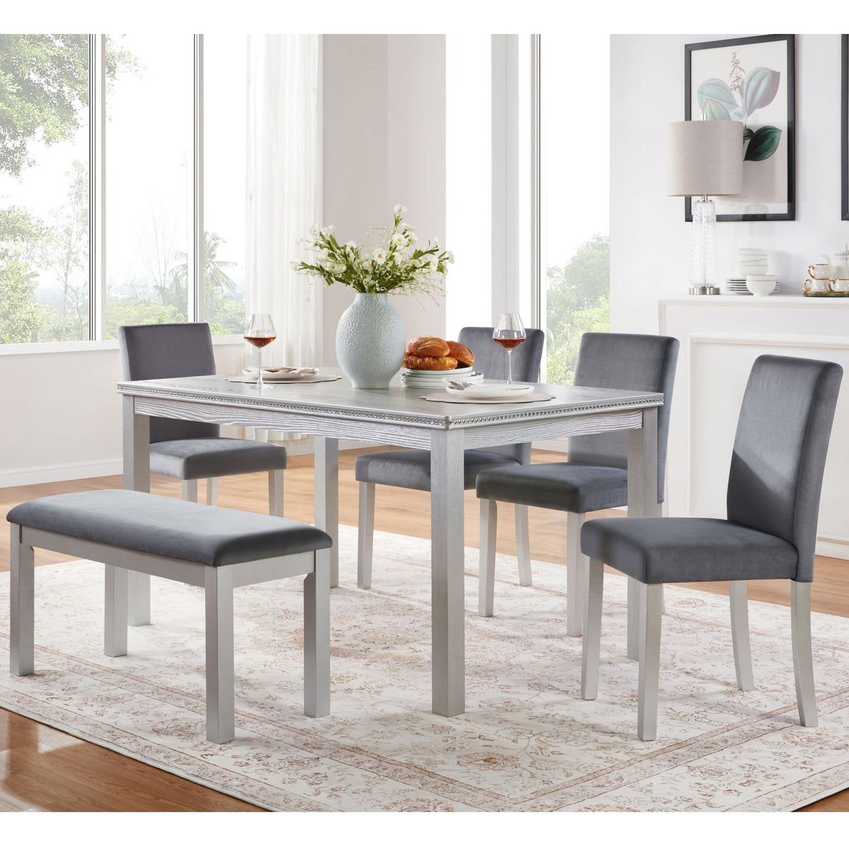 Dining Table Set, Table With A Rectangular Table And Upholstered Chairs