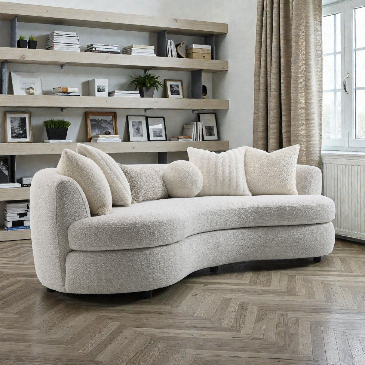 Iniko - Boucle Sofa With Toss Pillows - Beige