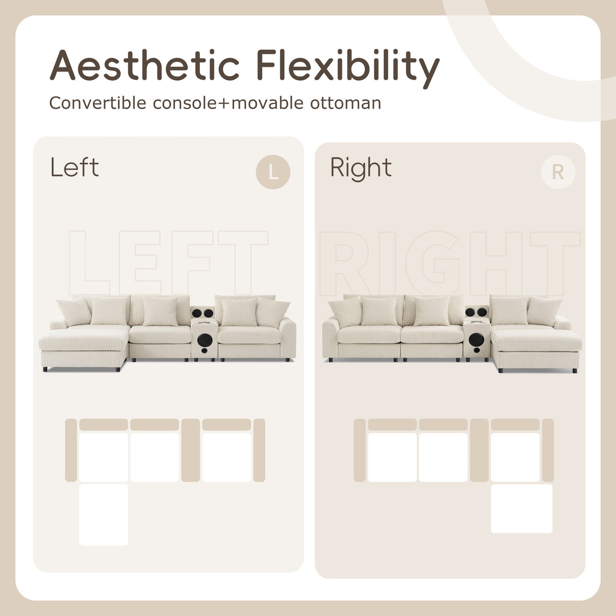 Sectional With Bluetooth Speakers L Shaped Couch With Console USB Charger, Cup Holders Storage Ottoman Deep And Wide Seat Cloud Sofa