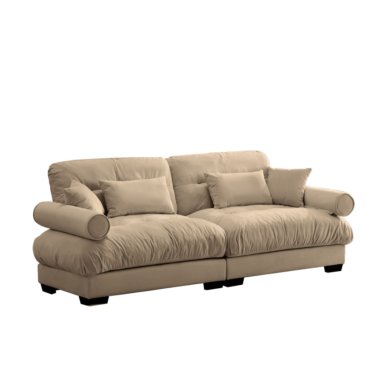 Modern Velvet Sofa With Bolstered Armrests And Pillows