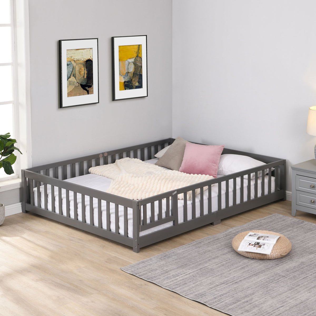Solid Wood Floor Bed With Door And Fence For Children