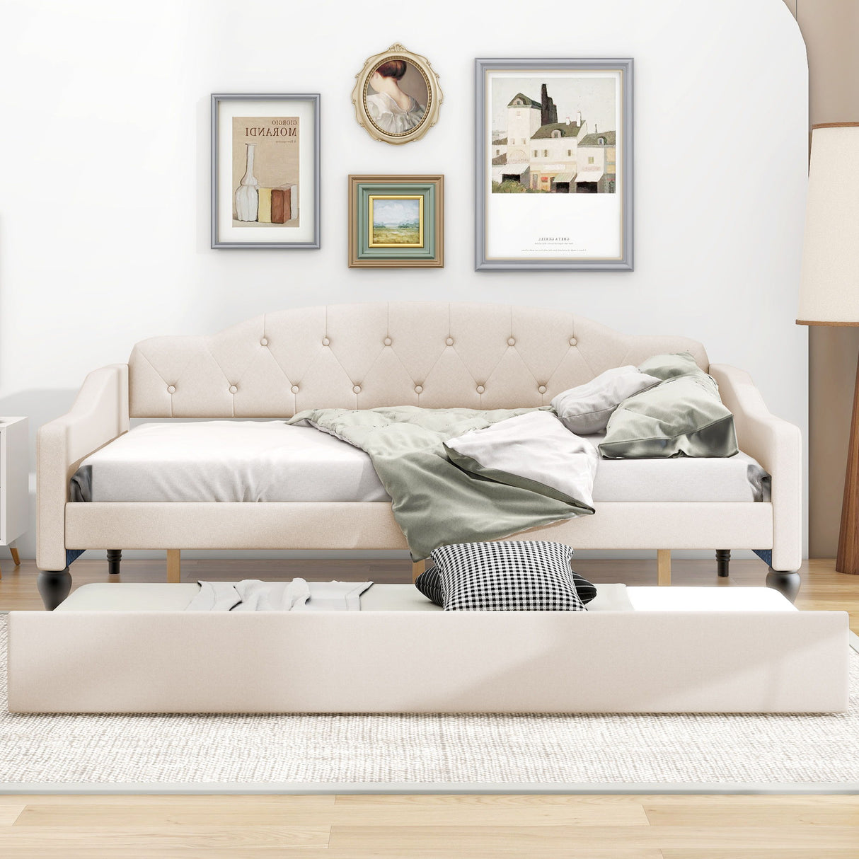 Upholstered Tufted Full Size Daybed With Twin Trundle - Beige