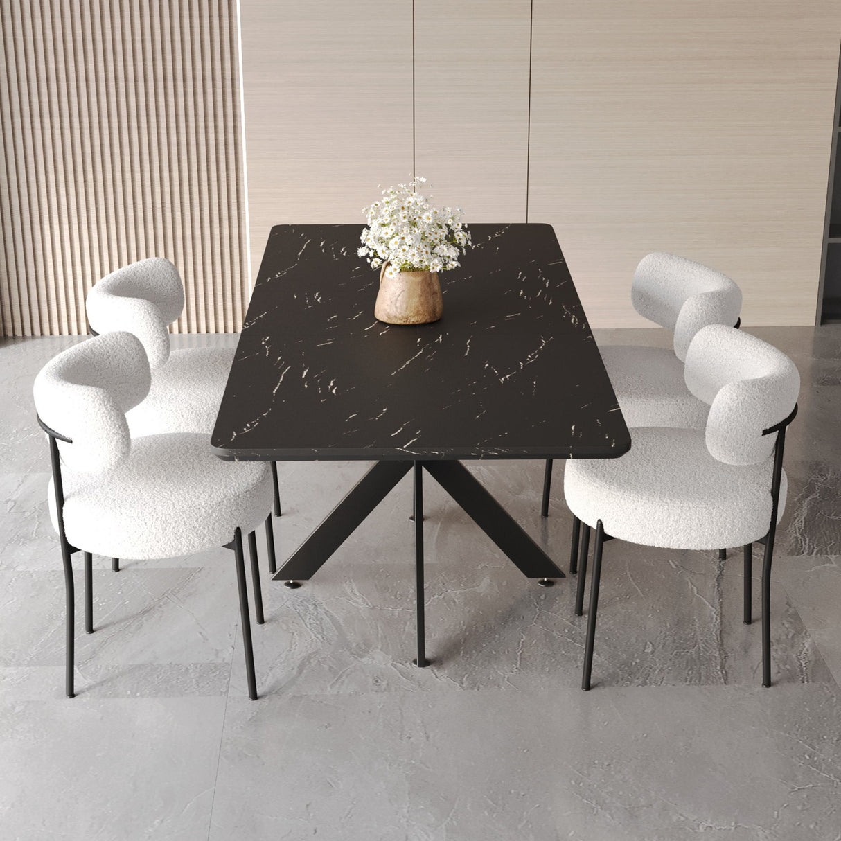 Extendable Dining Table Set With Curved Backrest Upholstered Chairs
