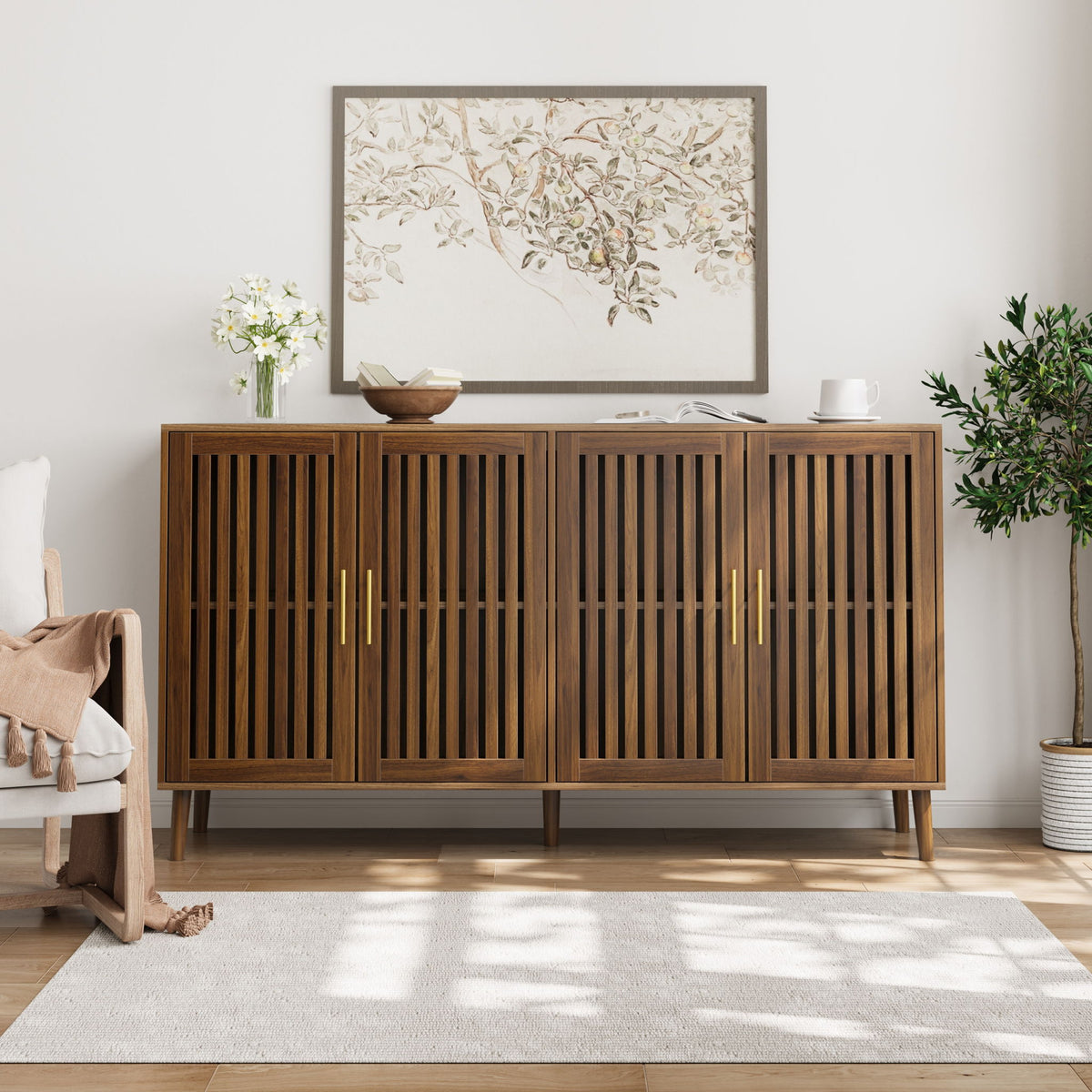 Grille Striped Sideboard Buffet Cabinet With Storage