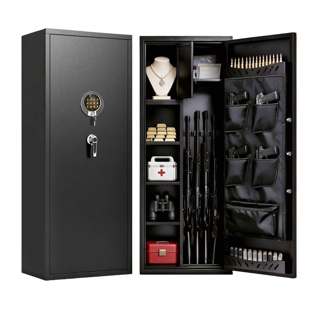 Rifle Safe, Biometric & Keypad Lock, Adjustable Gun Racks With Built In Alarm System
