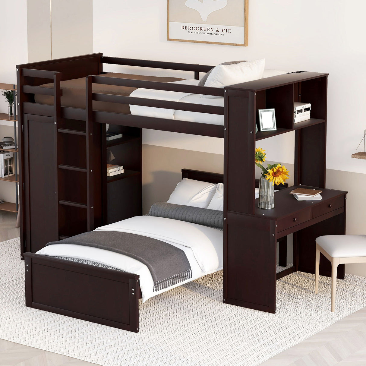 Loft Bed With A Stand Alone Bed, Shelves, Desk, And Wardrobe