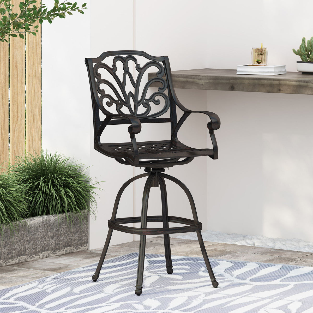 Outdoor Cast Aluminum Swivel Bar Stool With Scrolled Arms - Bronze