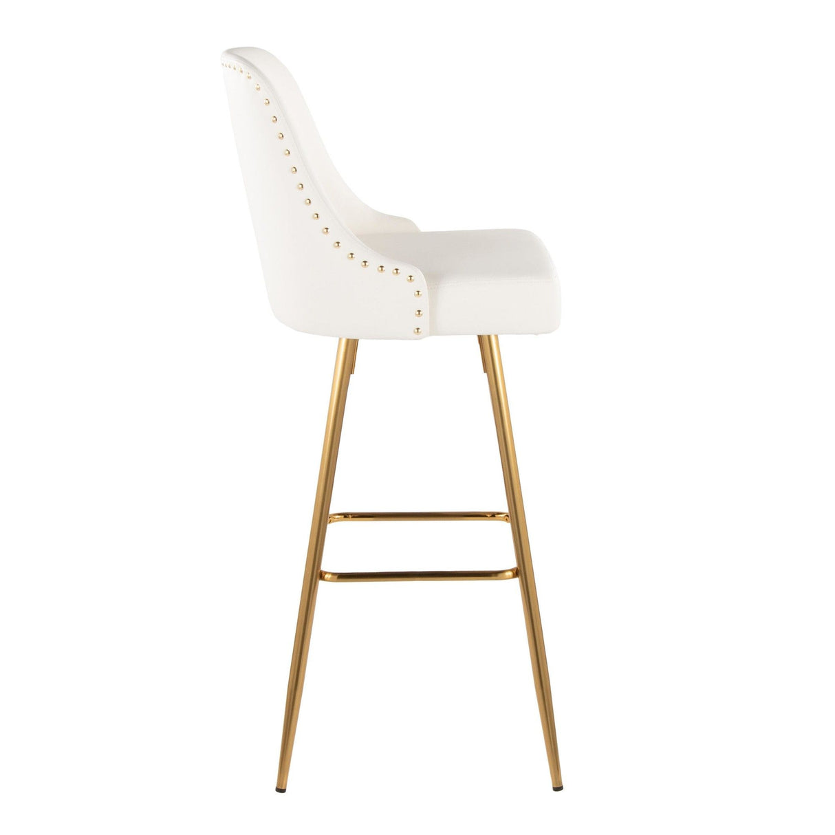 Studded - Marcel Fixed-Height Barstool (Set of 2) - Gold Metal, White Faux Leather