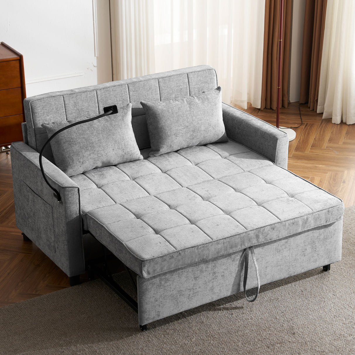 Pull-Out Sleeper Sofa With Reversible Backrest Cushion, Side Pockets, 2 USB Ports And A Phone Holder For Living Room