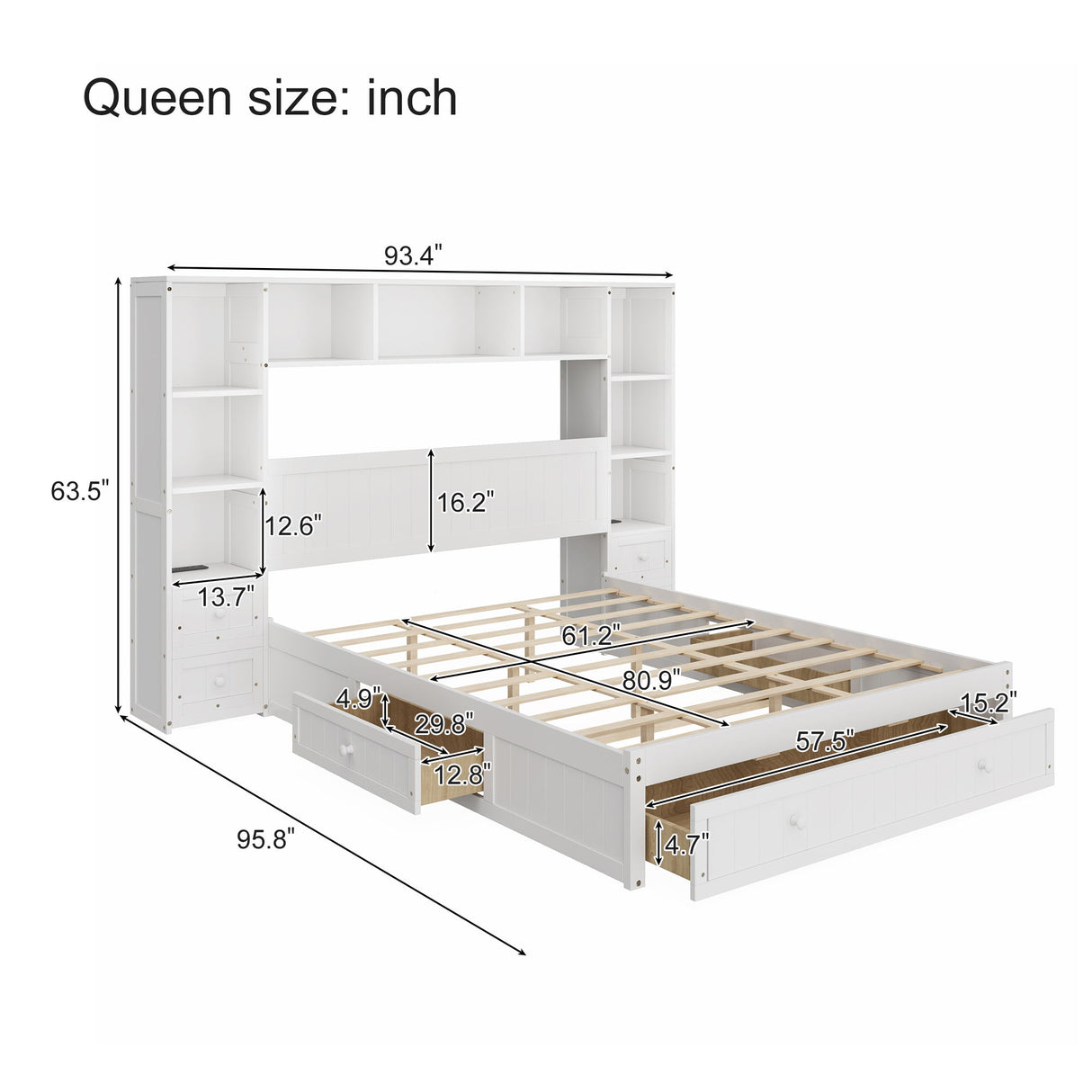 Platform Bed With All In One 2 Nightstand, Storage Shelf And Cabinet Bookcase With 2 Charging Stations