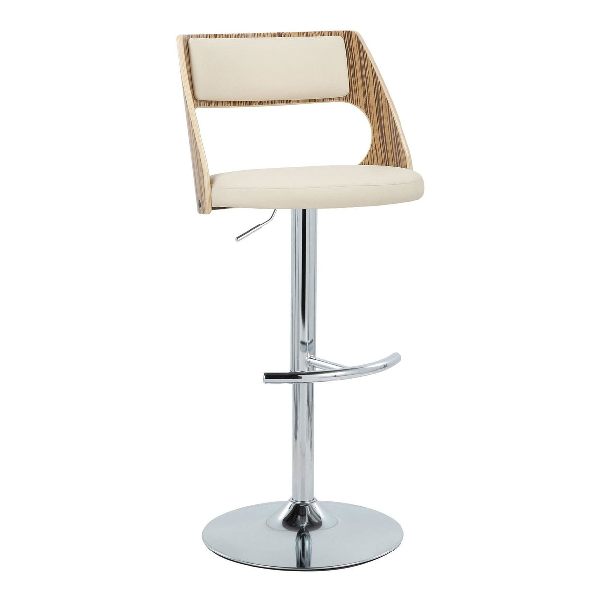Cecina - Adjustable Barstool With Swivel And Rounded T Footrest (Set of 2) - Chrome Metal, Zebra Wood, And Cream Faux Leather