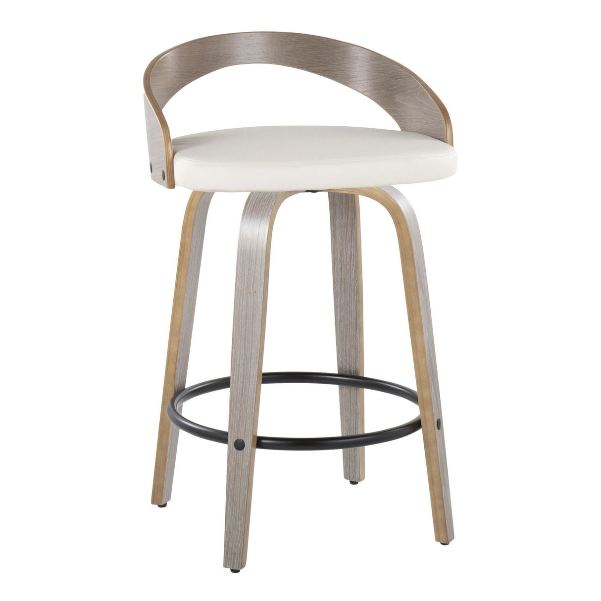 Grotto - Fixed-Height Counter Stool (Set of 2) - Light Gray Wood, White Faux Leather, Black Metal