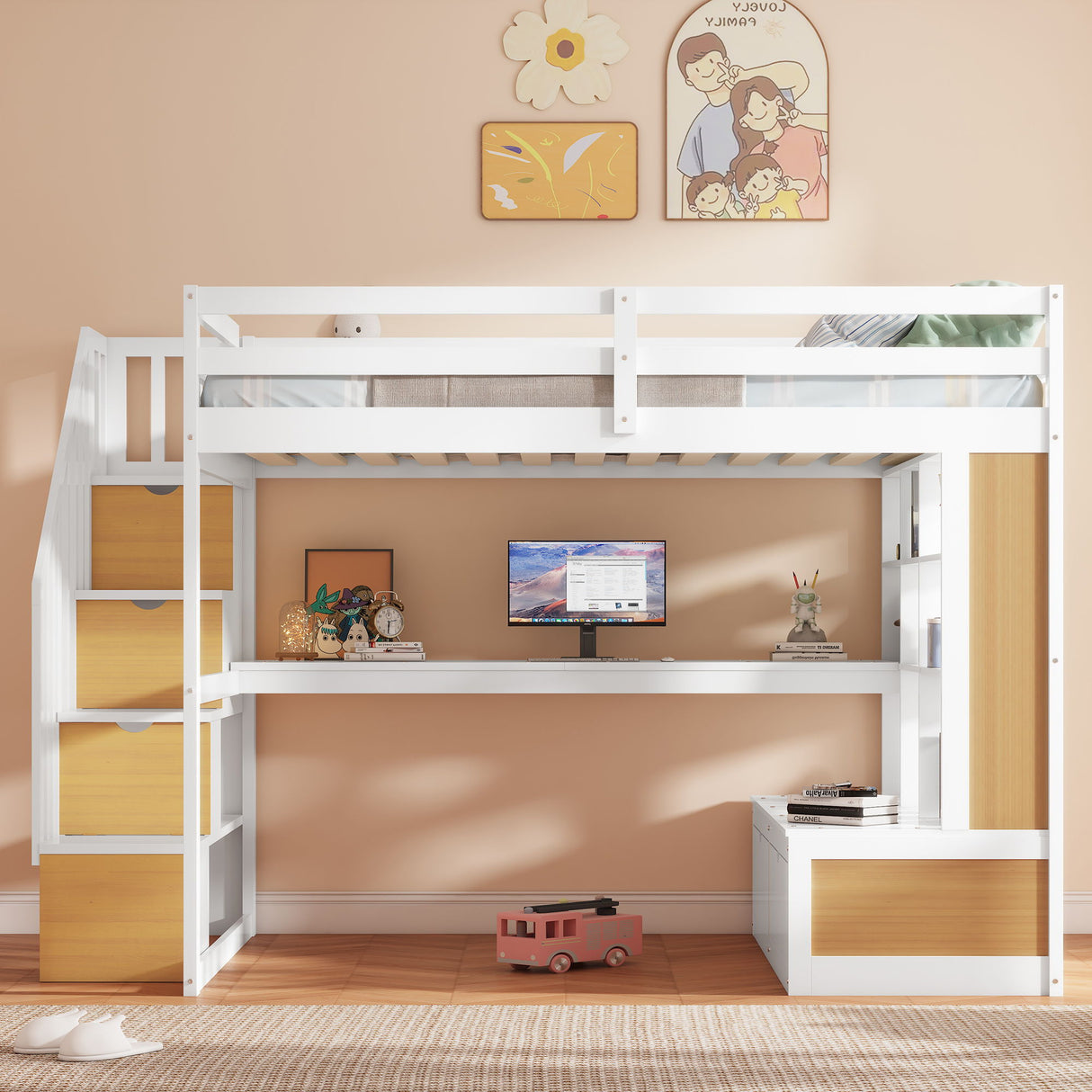 Full Size Loft Bed With Desk And Shelves, 2 Built In Drawers, Storage Staircase - Natural / White