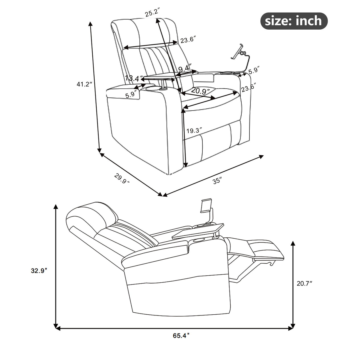 Power Recliner & Storage Arms, Cupholders, Swivel Tray Table And Cell Phone Stand