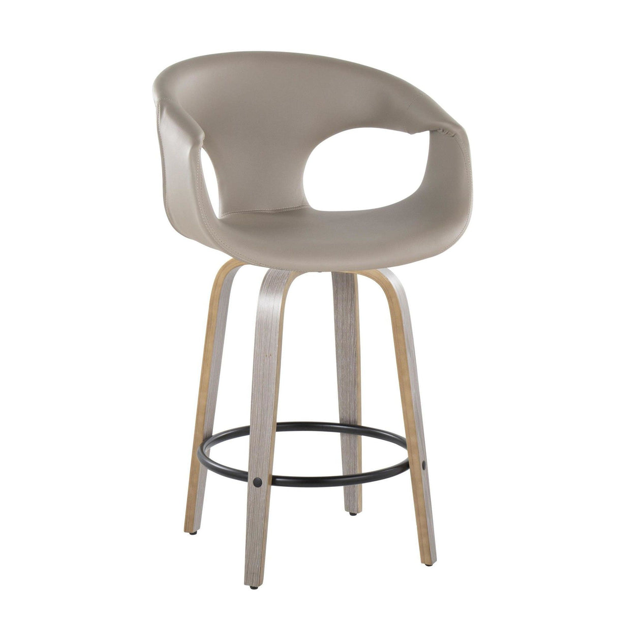Curvo - Contemporary Fixed-Height Swivel Counter Stool (Set of 2) - Light Gray Wood And Light Gray Faux Leather With Round Black Metal Footrest