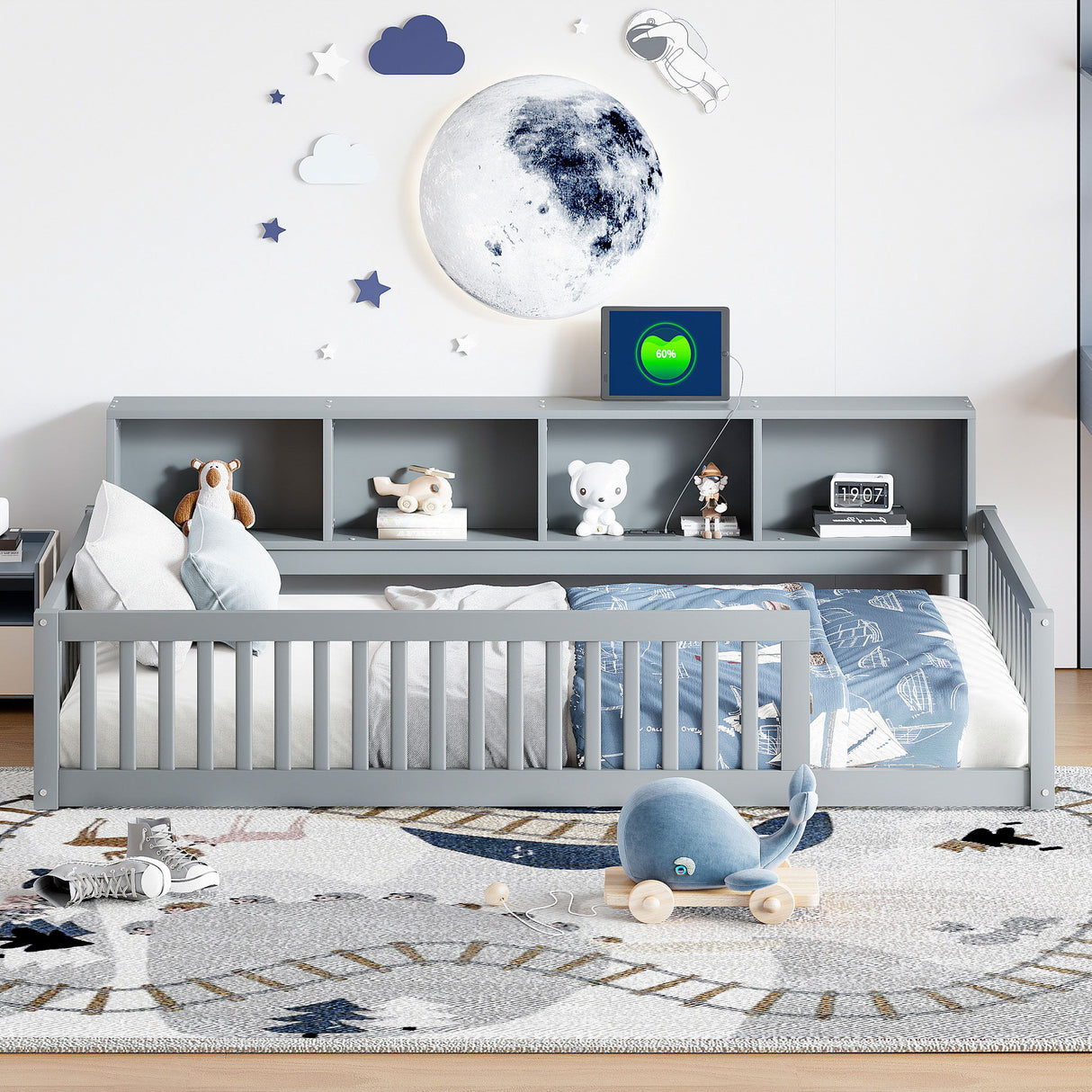 Floor Bed With Storage Cabinets And USB Ports