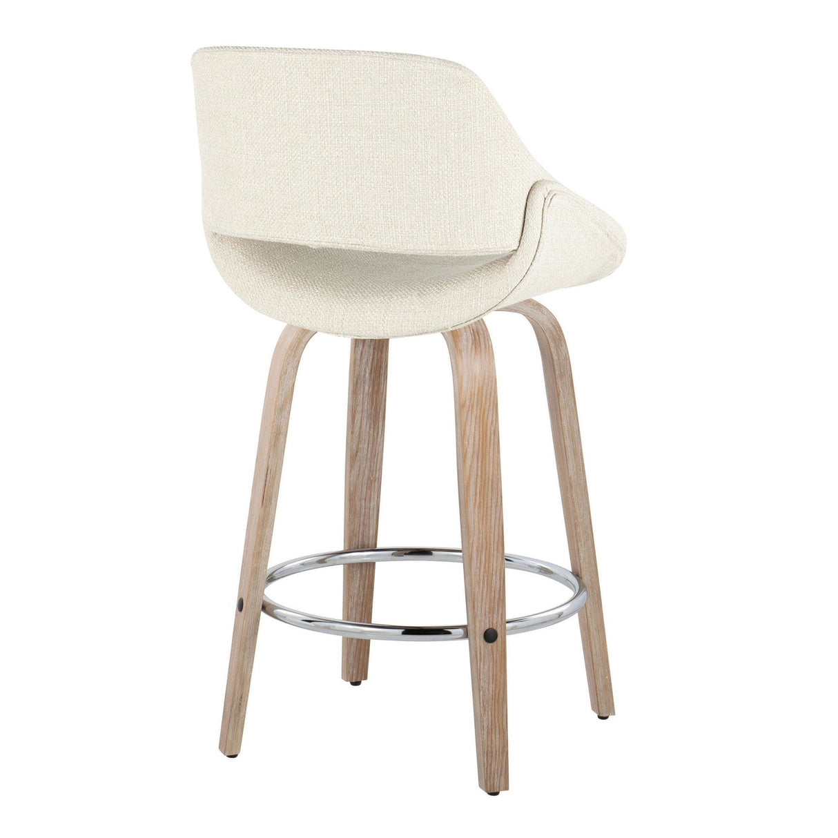 Fabrizzi - 26" Fixed-Height Counter Stool With Swivel And Round Chrome Metal Footrest (Set of 2) - White Washed Wood And Cream Noise Fabric