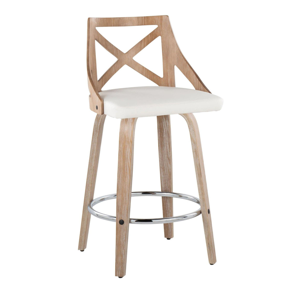 Charlotte - Fixed-Height Counter Stool (Set of 2) - Whitewashed Wood, White Faux Leather, Chrome Metal