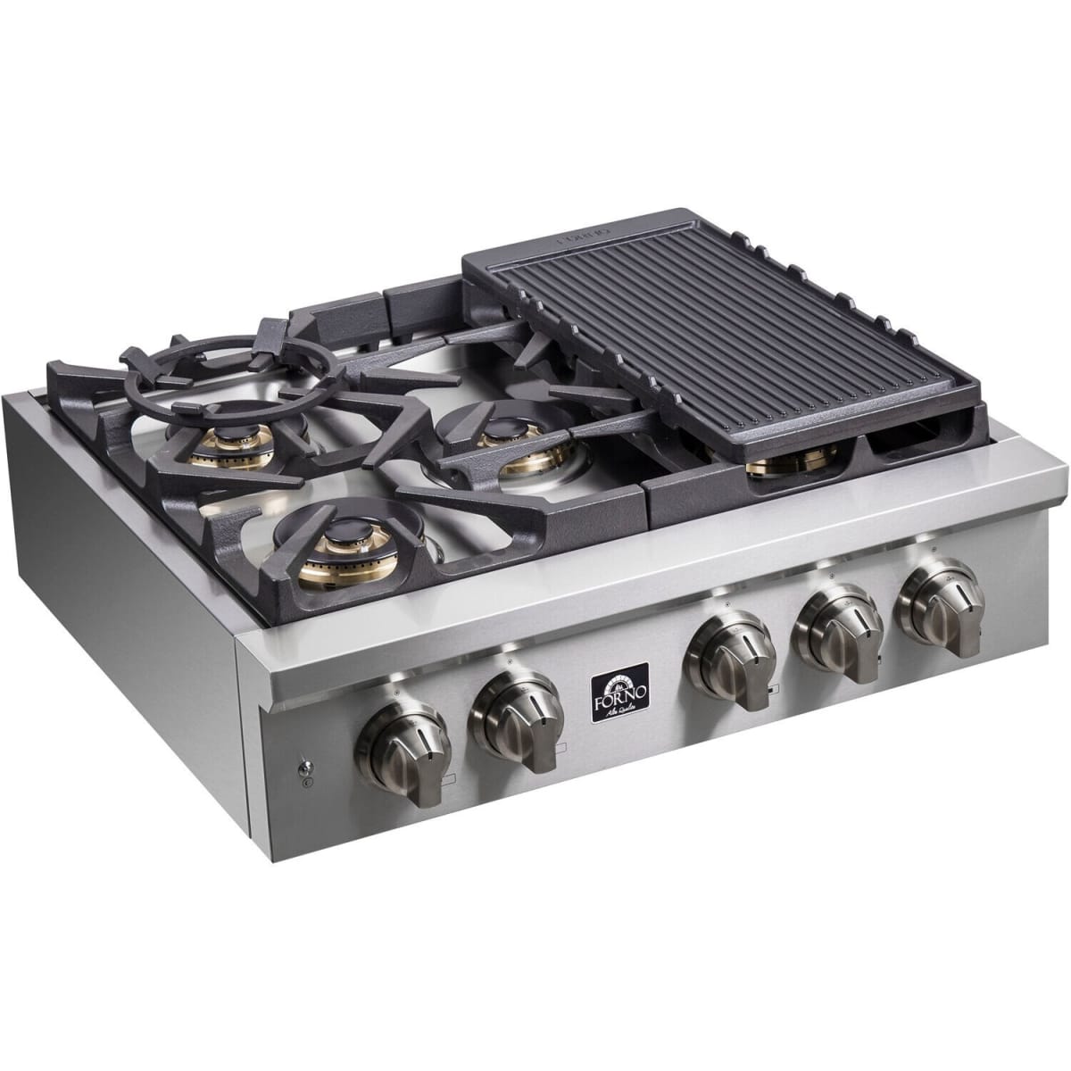 Forno Spezia FCTGS575130 30 Inch Gas Rangetop with 5 Defendi Italian Sealed Burners, 100,000 BTUs, Continuous Cast Iron Grates, Auto-Ignition, LED Light Zinc Control Knobs, Wok Ring, Griddle and LP Conversion Kit Included: 30 Inch