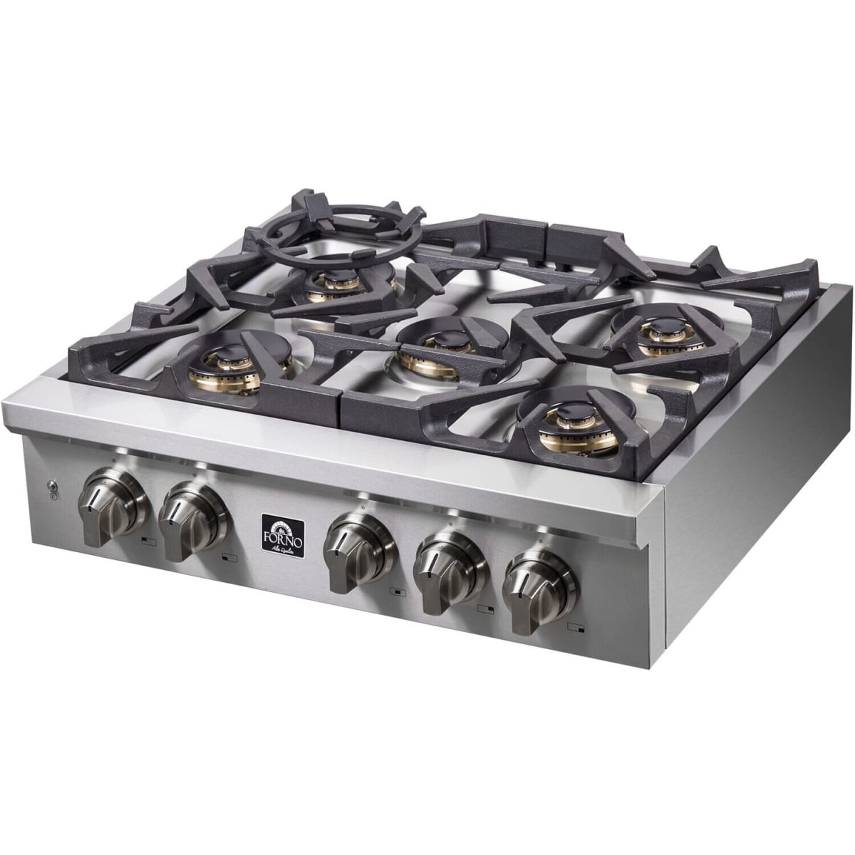Forno Spezia FCTGS575130 30 Inch Gas Rangetop with 5 Defendi Italian Sealed Burners, 100,000 BTUs, Continuous Cast Iron Grates, Auto-Ignition, LED Light Zinc Control Knobs, Wok Ring, Griddle and LP Conversion Kit Included: 30 Inch