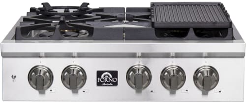 Forno Spezia FCTGS575130 30 Inch Gas Rangetop with 5 Defendi Italian Sealed Burners, 100,000 BTUs, Continuous Cast Iron Grates, Auto-Ignition, LED Light Zinc Control Knobs, Wok Ring, Griddle and LP Conversion Kit Included: 30 Inch