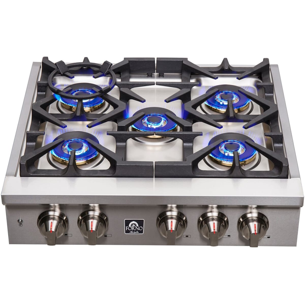 Forno Spezia FCTGS575130 30 Inch Gas Rangetop with 5 Defendi Italian Sealed Burners, 100,000 BTUs, Continuous Cast Iron Grates, Auto-Ignition, LED Light Zinc Control Knobs, Wok Ring, Griddle and LP Conversion Kit Included: 30 Inch