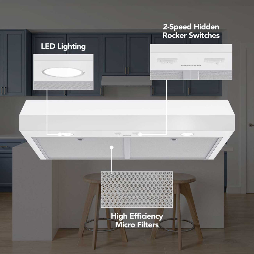 Broan GLA1303WW range hood features overview