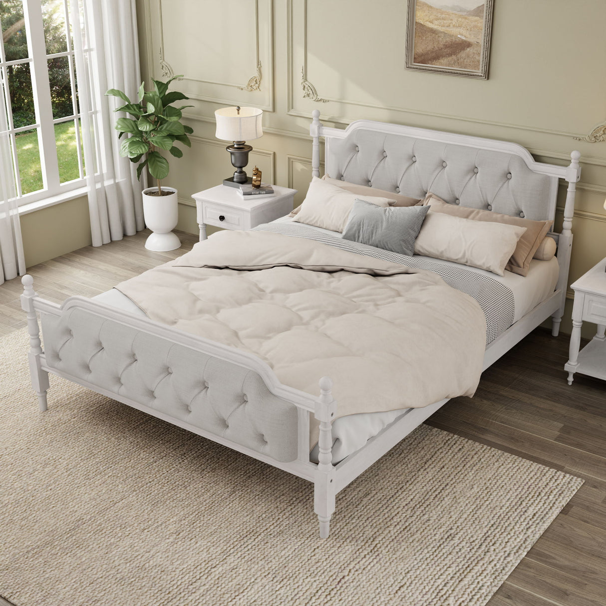 Traditional Style Solid Bed Frame With Upholstered Tufted Headboard, No Box Spring Needed