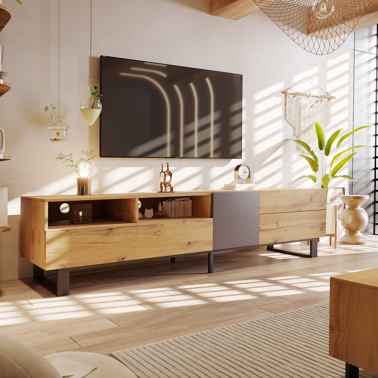 TV Stand For 80'' TV With Double Storage Space, Media Console Table With Drop Down Door