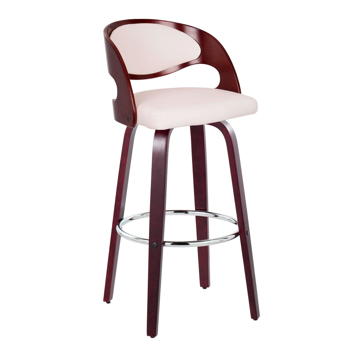 Pino - Mid-Century Modern Fixed-Height Swivel Barstool (Set of 2) - Cherry Wood And White Faux Leather With Round Chrome Metal Footrest