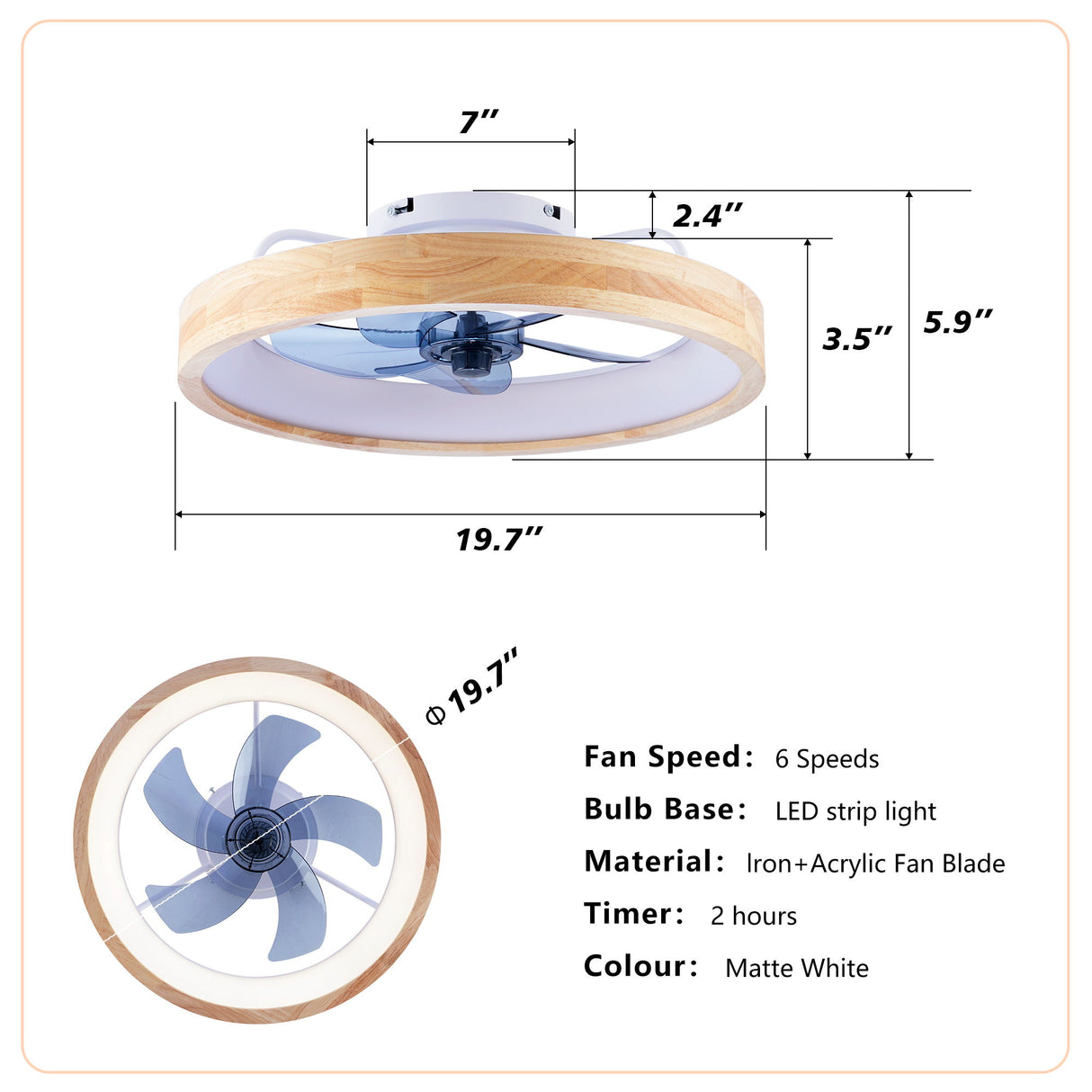 Ceiling Fans With Lights And Remote, 3000 - 6500K Dimmable Flush Mount LED Fan Light, 6 Speeds, Quiet DC Motor For Living Room - Matte White / Natural Wood