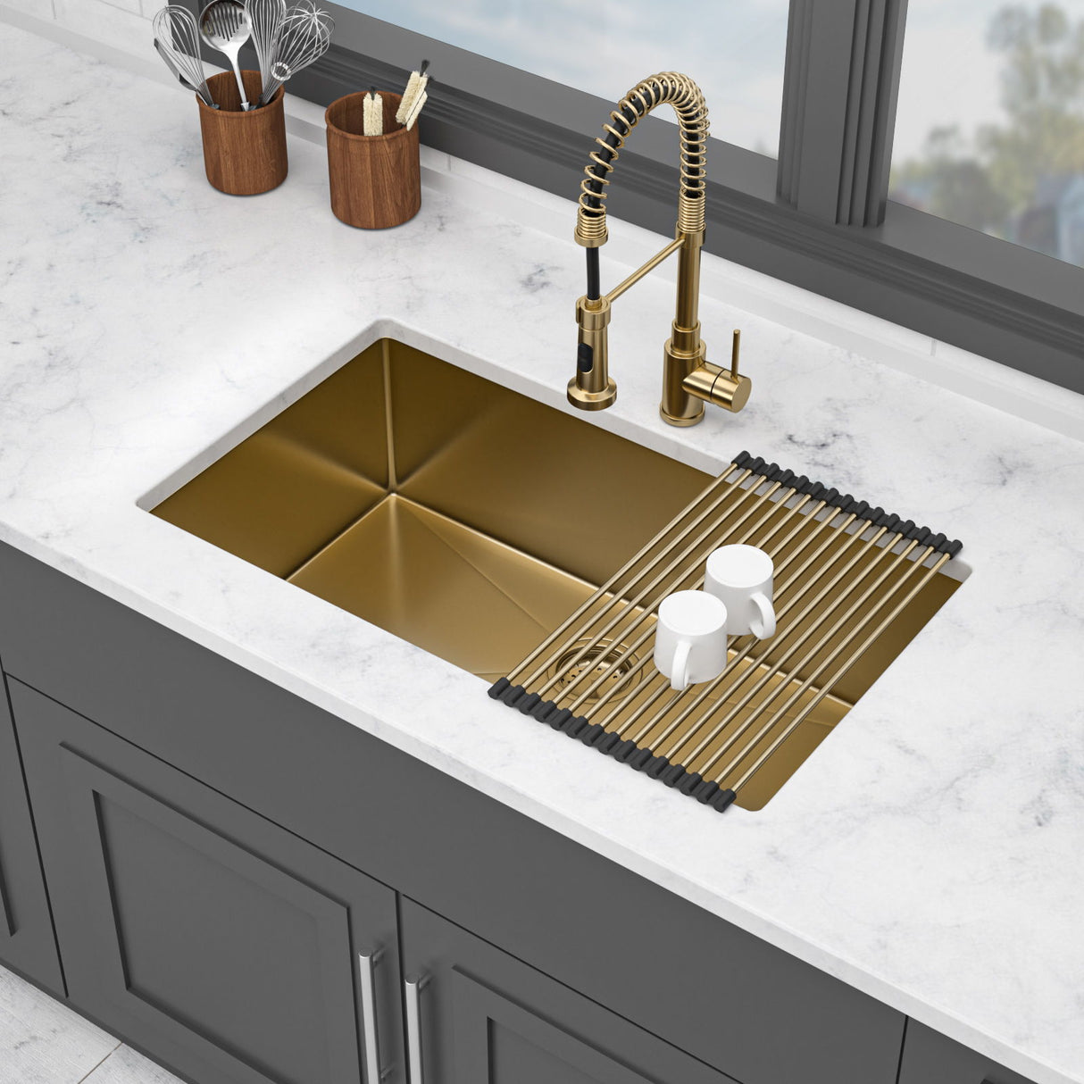 Gold Finish Undermount Stainless Steel Kitchen Sink 32" X 19" 16 Gauge Deep Single Bowl