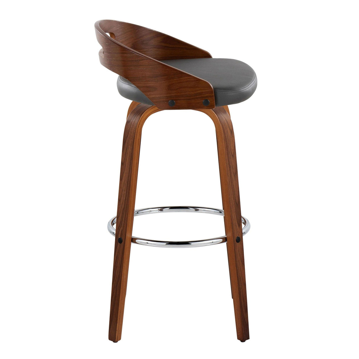 Cassis - Mid-Century Modern Fixed-Height Swivel Barstool (Set of 2) - Walnut Wood And Gray Faux Leather With Round Chrome Metal Footrest