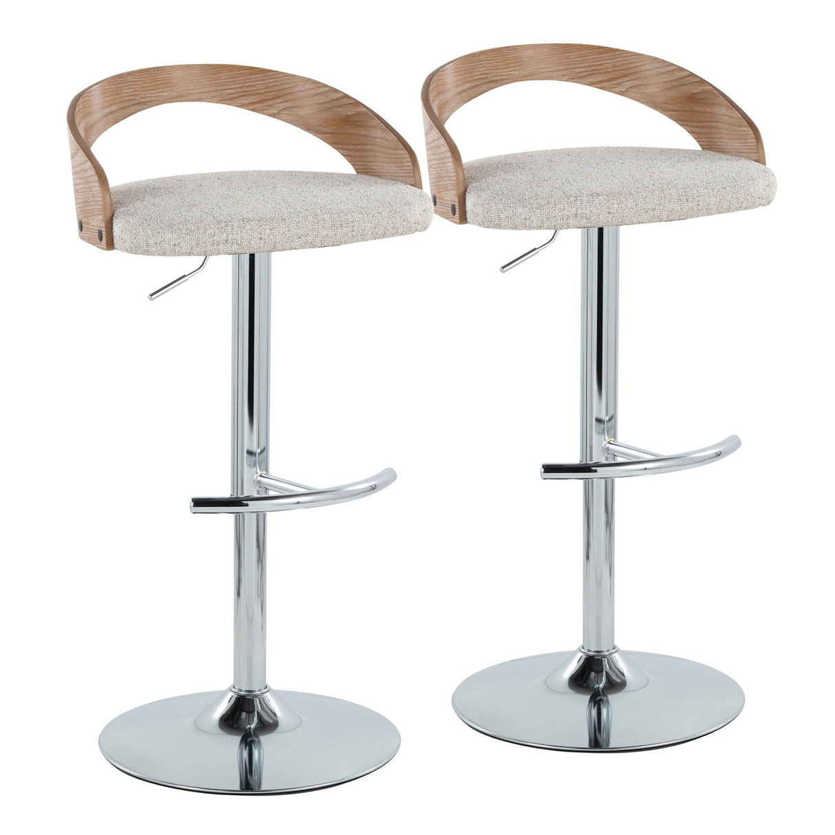 Grotto - Adjustable Barstool - Chrome Metal, Whitewashed Wood