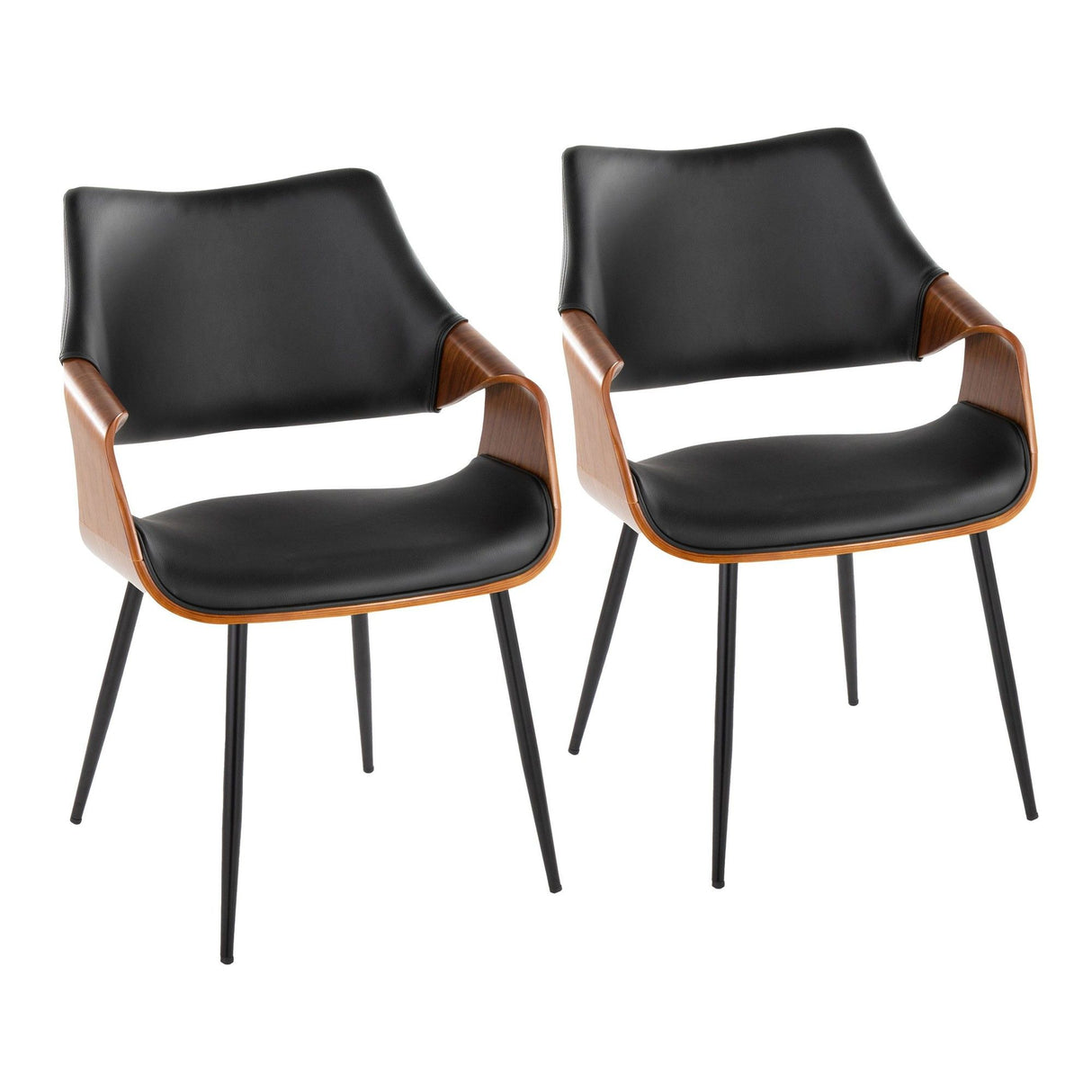 Curvo - High Back Chair (Set of 2) - Black Metal, Walnut Wood, Black Faux Leather