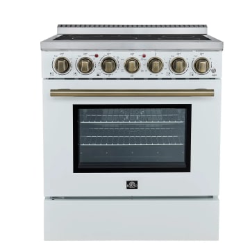 Forno Paolo FFSEL601130WHT 30 Inch Freestanding Electric Range with 5 Radiant Elements, 4.38 cu. ft. Oven Capacity, True Convection Oven, Hot Surface Indicator, Dual-Element Broiler, Smudge-Resistant Finish and Ceramic Glass Surface: White
