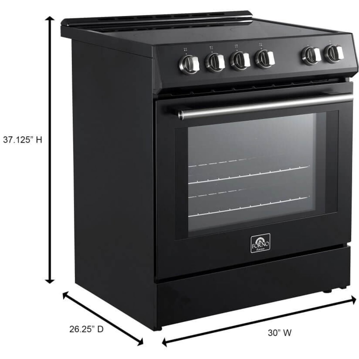 Forno Espresso Leonardo FFSEL601230BLK 30 Inch Slide-In Electric Range with 4 Elements, 5 cu. ft. Oven Capacity, Steam Clean, Convection Oven, 2 Oven Racks, and ADA Compliant: Black