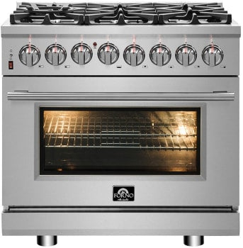 Forno Pro-Style FFSGS612536 36 Inch Freestanding Professional Dual Fuel Range with 6 Sealed Burners, 5.36 cu. ft. Oven Capacity, Continuous Grates, True European Convection, Illuminated Zinc Cast Knobs, Magic Eyes, and ETL Listed