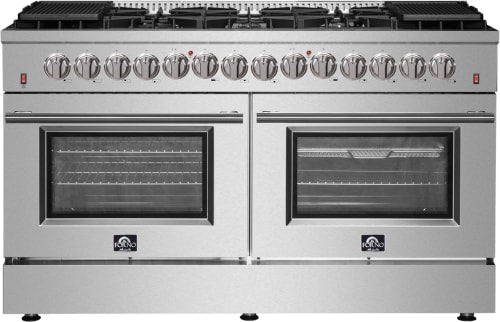 Forno Galiano FFSGS615660 60 Inch Freestanding Dual Fuel Range with 10 Sealed Burners, 8.64 cu. ft. Total Capacity, Convection Oven, Air Fry, and 2 Reversible Griddles