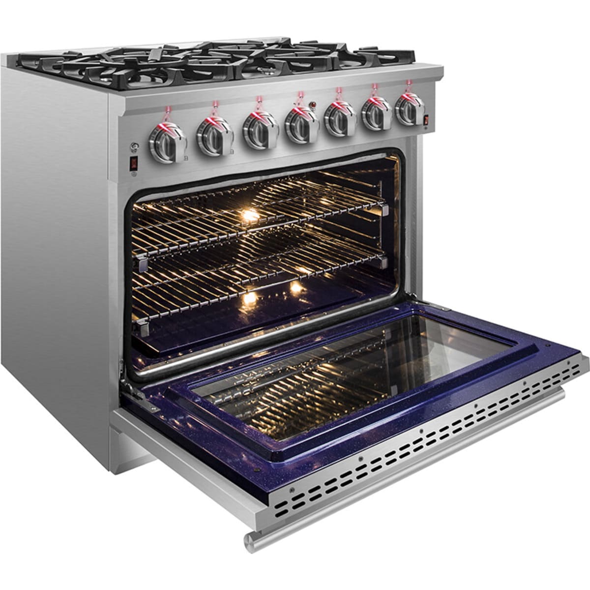 Forno Pro-Style FFSGS623936 36 Inch Freestanding Gas Range with 6 Sealed Burners, 5.36 cu. ft. Oven Capacity, Continuous Grates, Convection Cooking, Illuminated Zinc Knobs, Magic Eyes, Telescoping Racks, Blue Enameled Oven Interior, and ETL Listed
