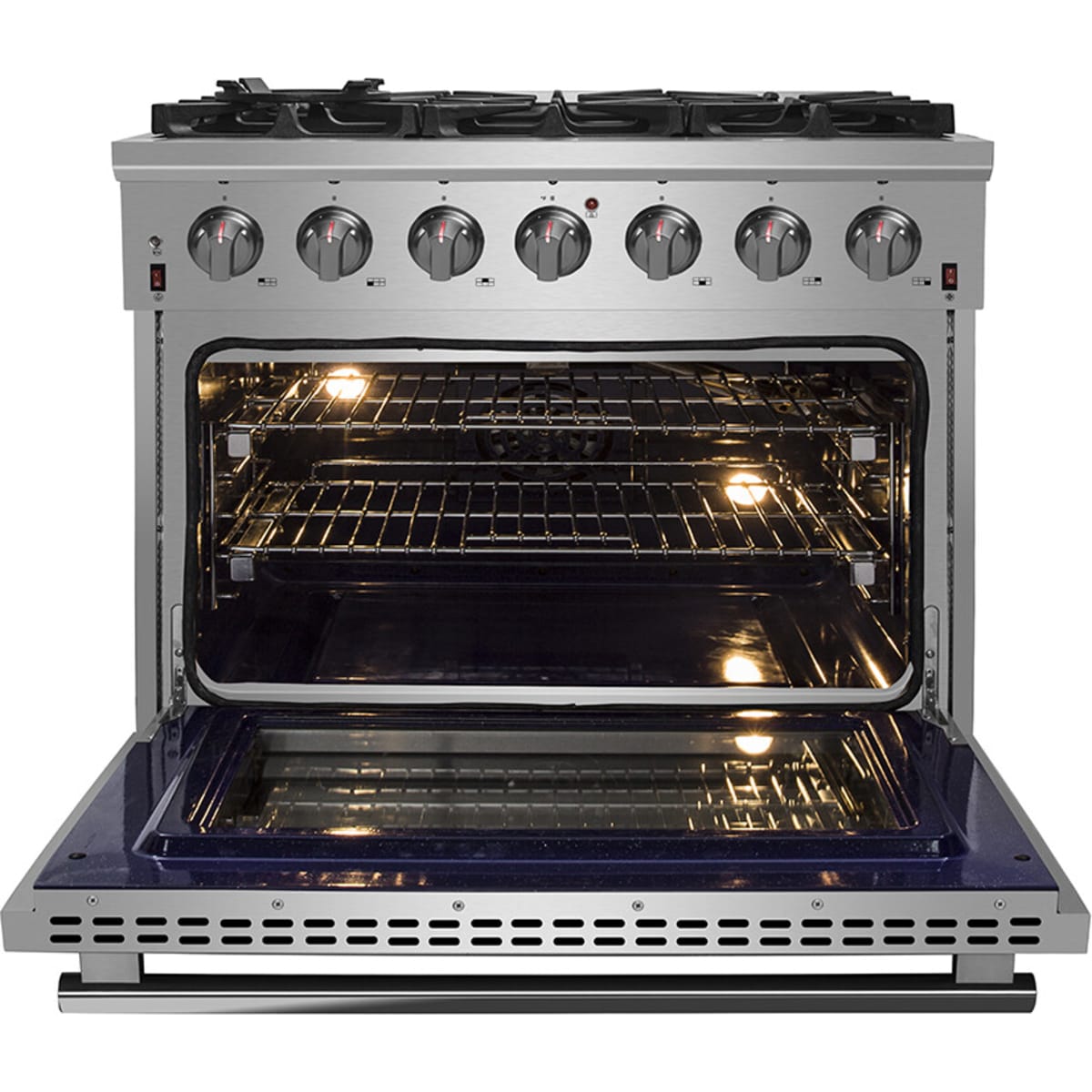 Forno Pro-Style FFSGS623936 36 Inch Freestanding Gas Range with 6 Sealed Burners, 5.36 cu. ft. Oven Capacity, Continuous Grates, Convection Cooking, Illuminated Zinc Knobs, Magic Eyes, Telescoping Racks, Blue Enameled Oven Interior, and ETL Listed