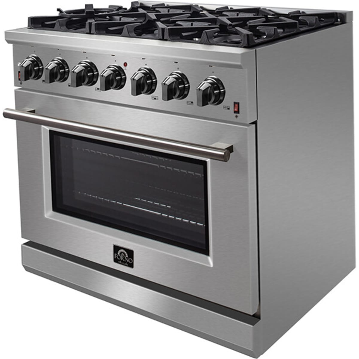 Forno Pro-Style FFSGS623936 36 Inch Freestanding Gas Range with 6 Sealed Burners, 5.36 cu. ft. Oven Capacity, Continuous Grates, Convection Cooking, Illuminated Zinc Knobs, Magic Eyes, Telescoping Racks, Blue Enameled Oven Interior, and ETL Listed