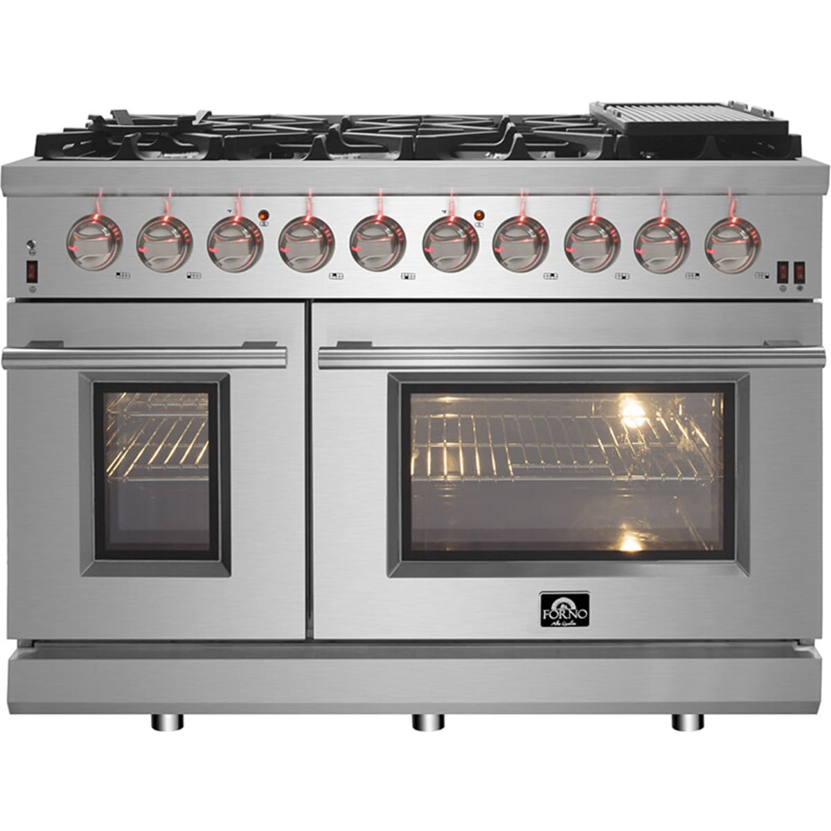 Forno Pro-Style FFSGS623948 48 Inch Freestanding Gas Range with 8 Sealed Burners, Double Oven, 6.58 cu. ft. Total Oven Capacity, Continuous Grates, True European Convection, Illuminated Zinc Cast Knobs, Magic Eyes, Grill, Griddle, and ETL Listed